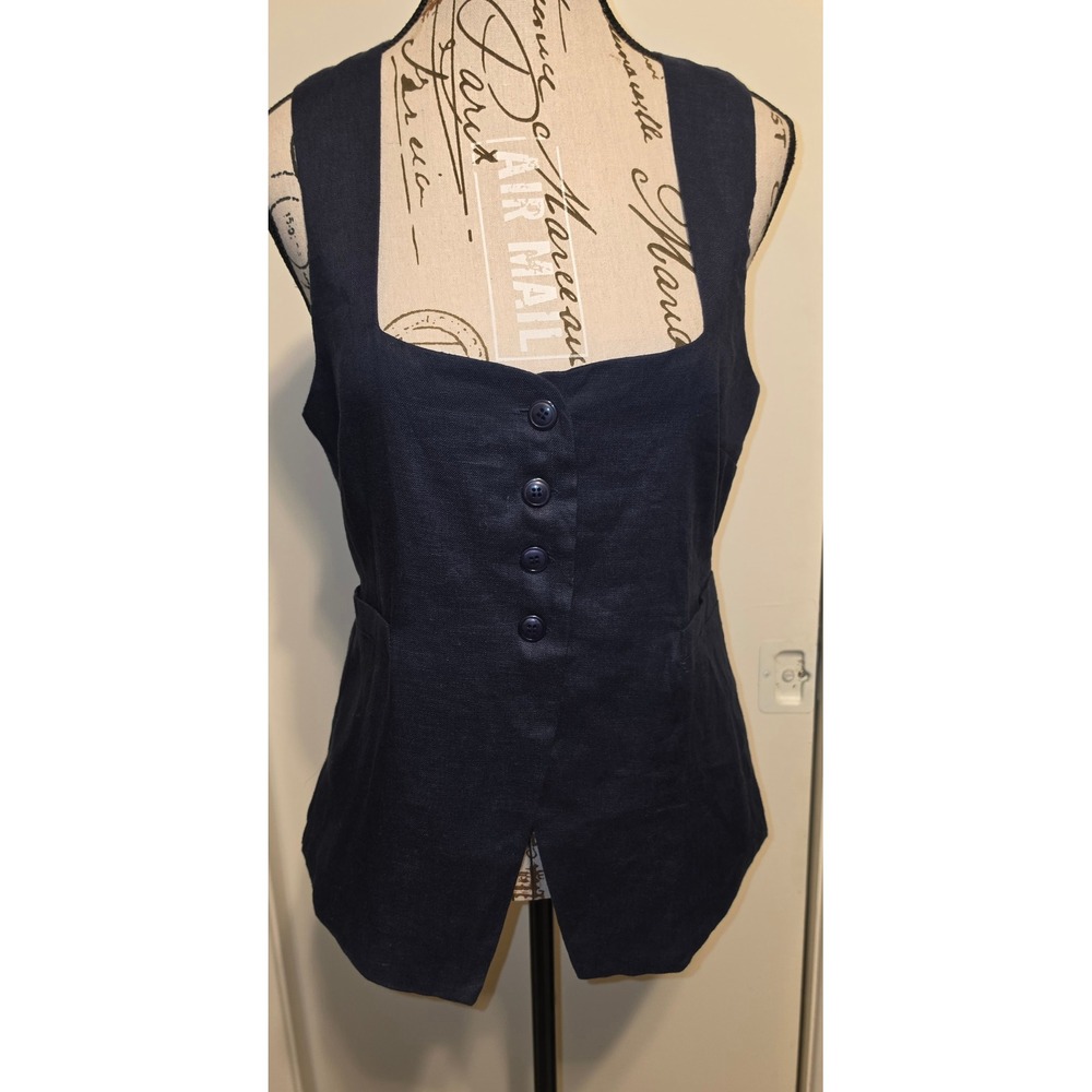 Olivaceous Navy Blue Linen Square Neck Tie Back Button Front Vest L NEW W/Tag
